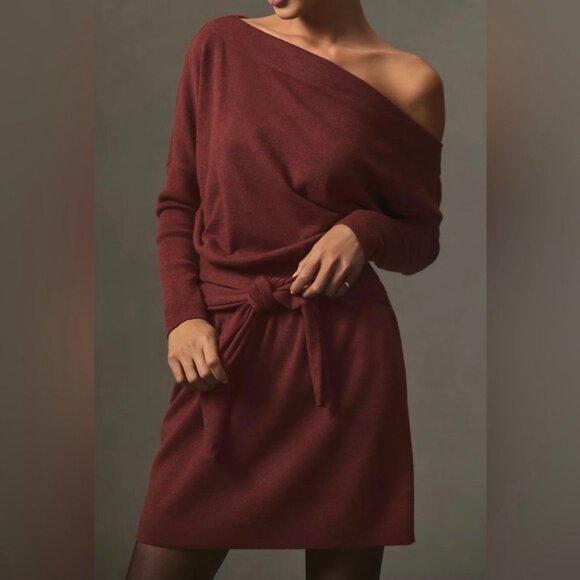 Anthropologie One Shoulder Rust Tie Waist Wool Blend Sweater Dress Size Large - Picture 6 of 11